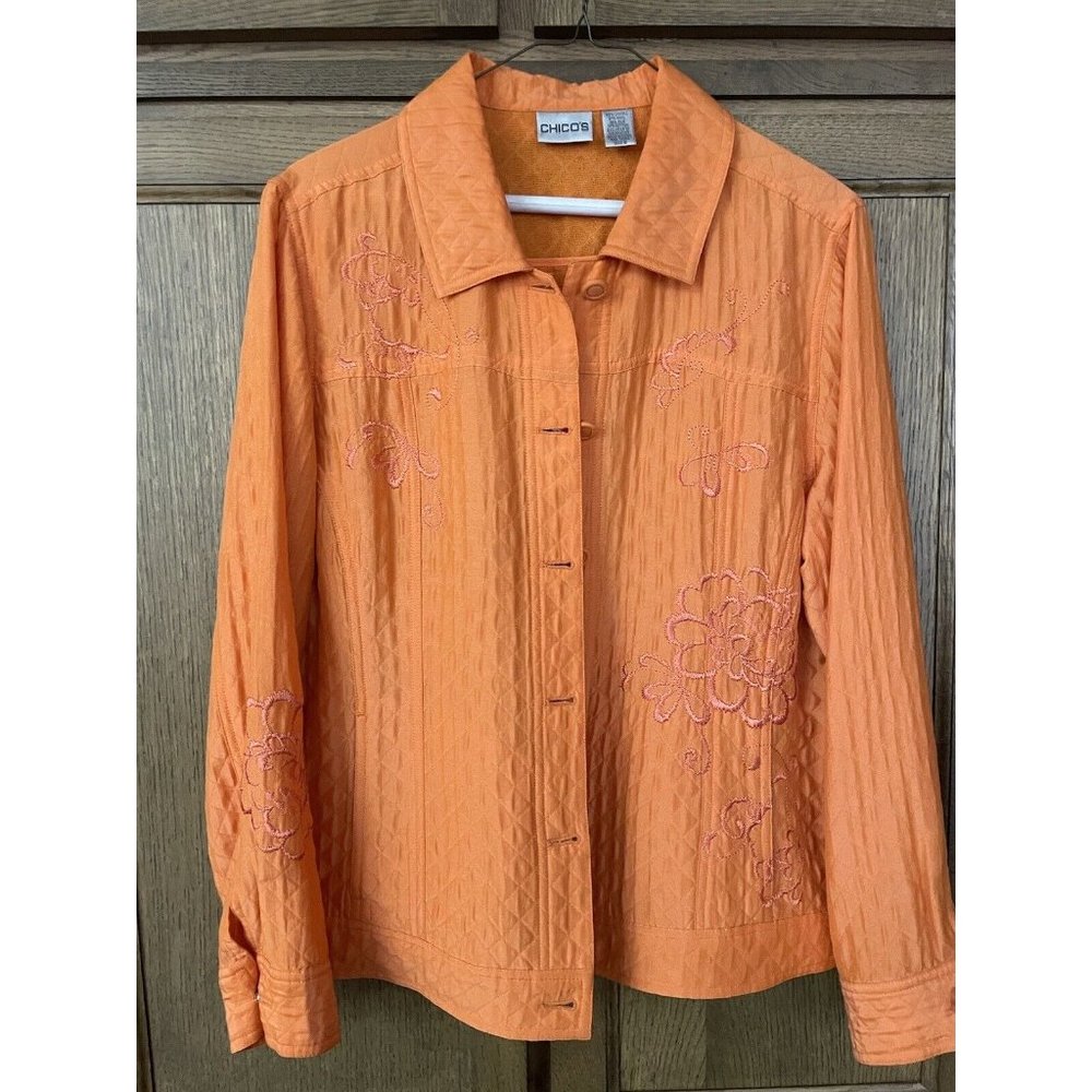 Chico’s Jacket Button Silk Lyocell Solid Color Orange Embroidered Sz 2